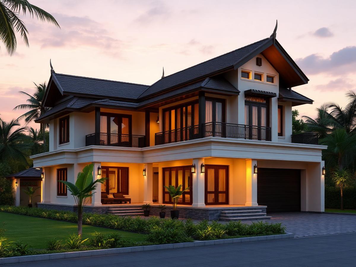 3D rendering of a Kerala-style luxury villa